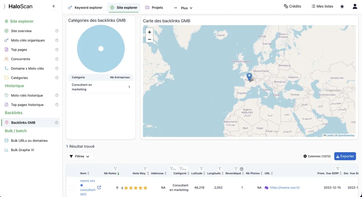 Analyse des backlinks GMB sur Haloscan — cartographie des fiches Google My Business