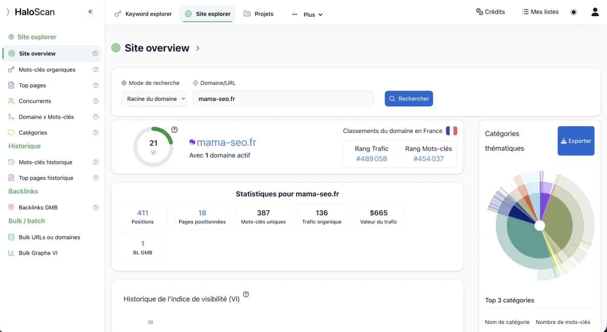 Interface Site Explorer d'Haloscan — analyse complète d'un domaine