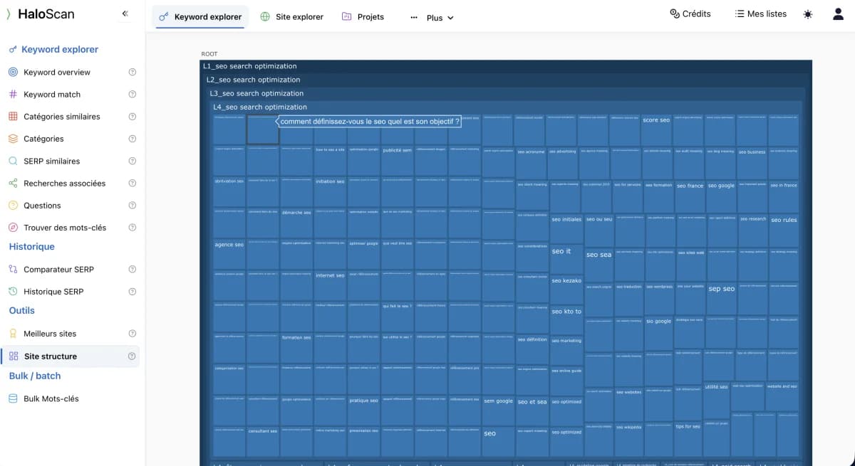 Fonctionnalité Site Structure d'Haloscan — clustering et nettoyage de mots-clés