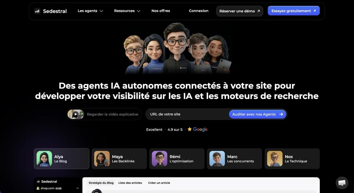 Page d'accueil de Sedestral, l'outil SEO français qui automatise tout avec des agents IA