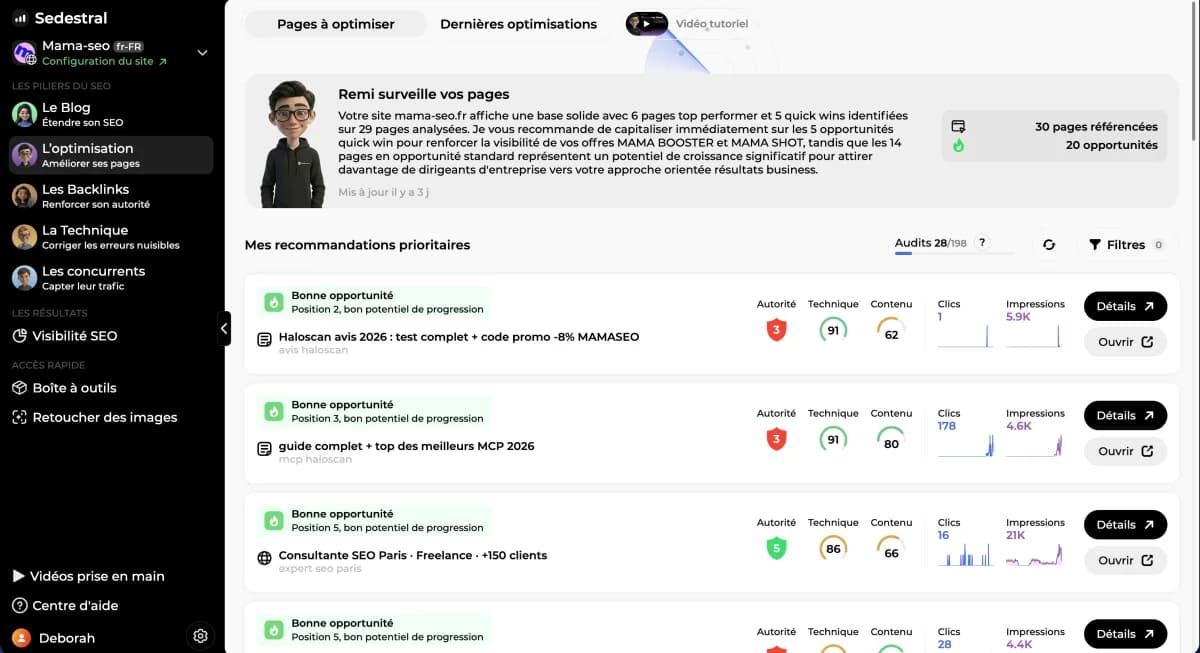 Interface de l'agent optimisation Sedestral, monitoring des pages et recommandations SEO
