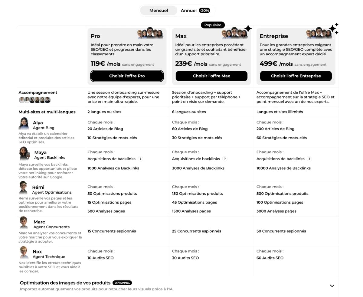 Grille tarifaire Sedestral 2026 avec les 3 offres Pro, Max et Entreprise