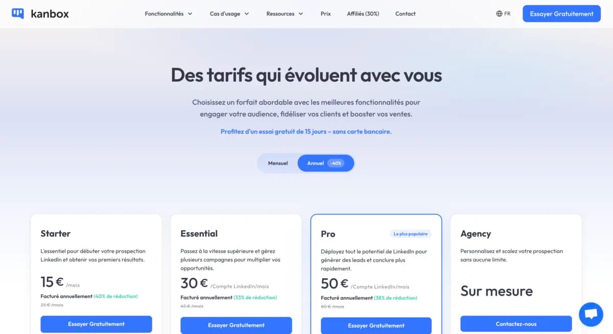 Page pricing Kanbox après la refonte — nouveau design clair