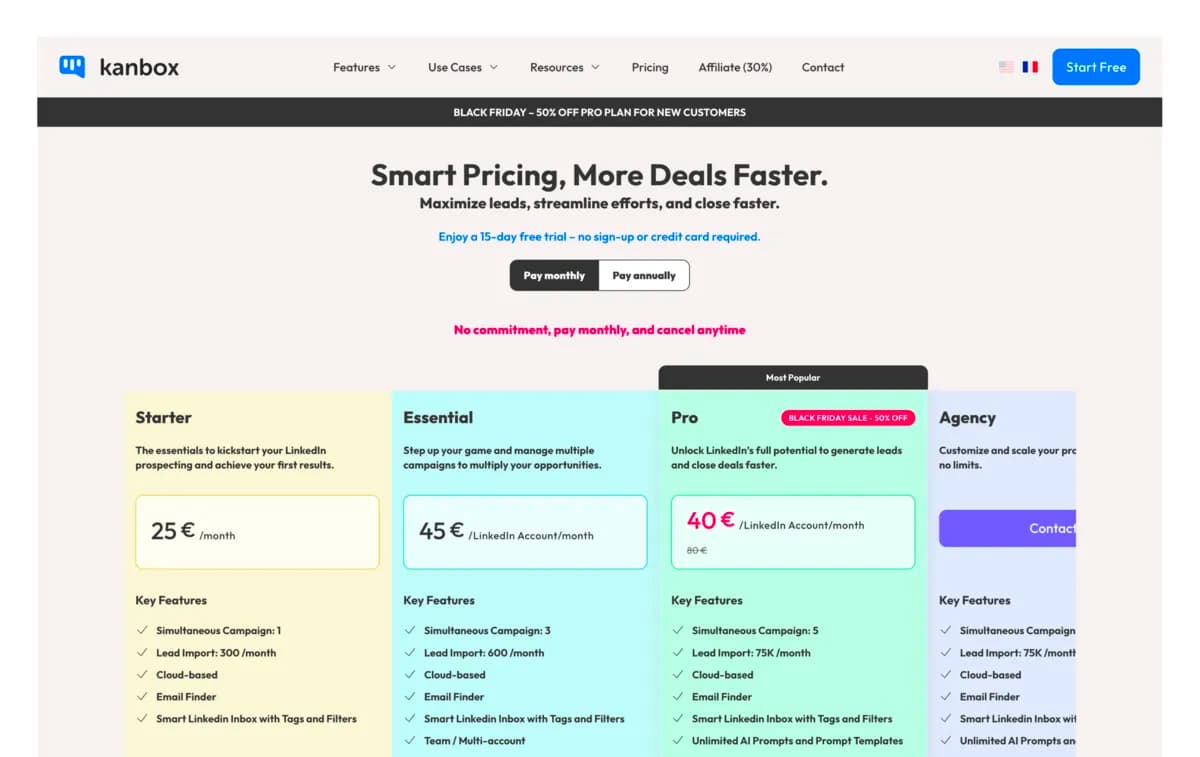 Page pricing Kanbox avant la refonte — design Framer