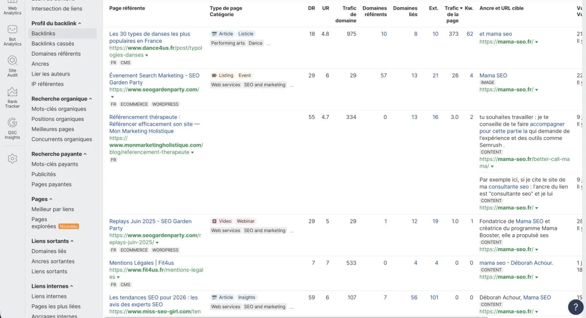 Analyse des backlinks dans Ahrefs montrant les domaines référents, les ancres de liens et le profil de liens