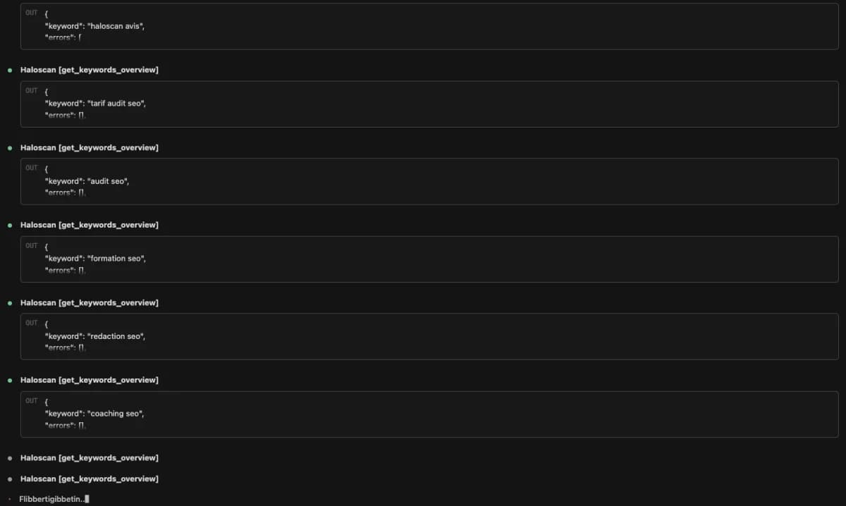 Claude Code connecté au MCP Haloscan lançant des get_keywords_overview sur plusieurs mots-clés SEO en parallèle