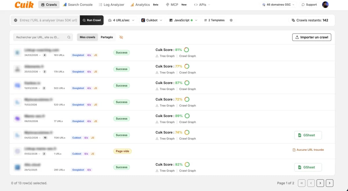 Dashboard Cuik.io montrant les crawls SEO avec scores et statuts pour plusieurs sites clients