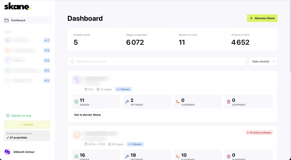 Dashboard Skane montrant le tri automatique des pages SEO en garder optimiser fusionner supprimer
