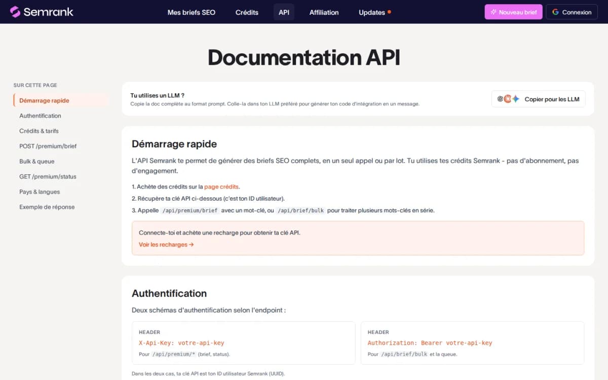 Documentation API de SEMrank avec le bouton Copier pour les LLM