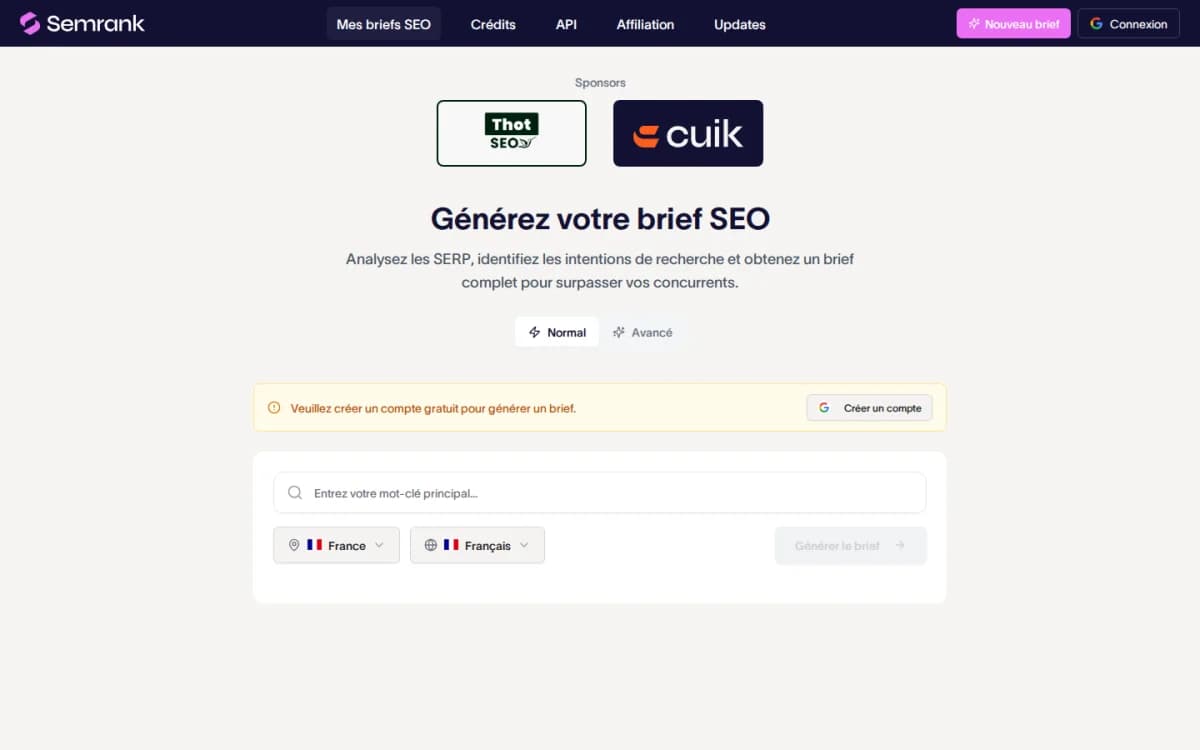 Formulaire de génération de brief SEO sur SEMrank avec choix du pays et de la langue