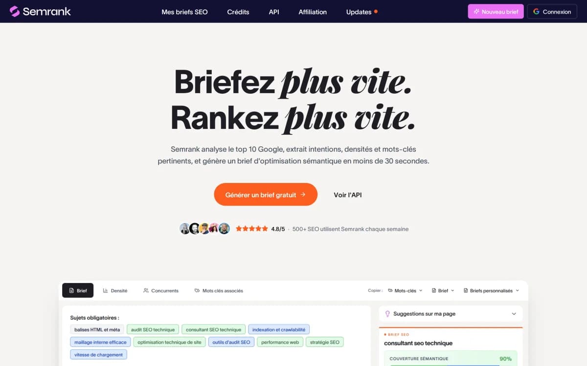 Page d'accueil de SEMrank, outil de brief SEO et d'optimisation sémantique par IA