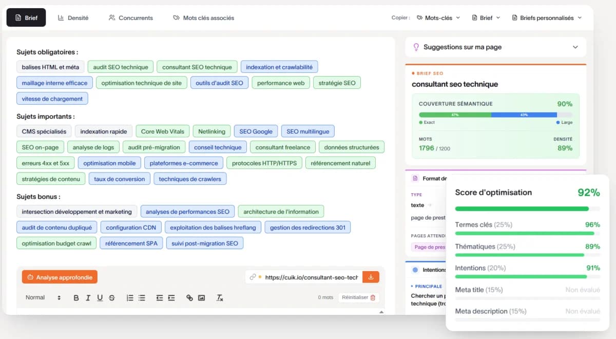 Interface d'un brief SEMrank sur le mot-clé consultant seo technique avec sujets obligatoires, importants et bonus