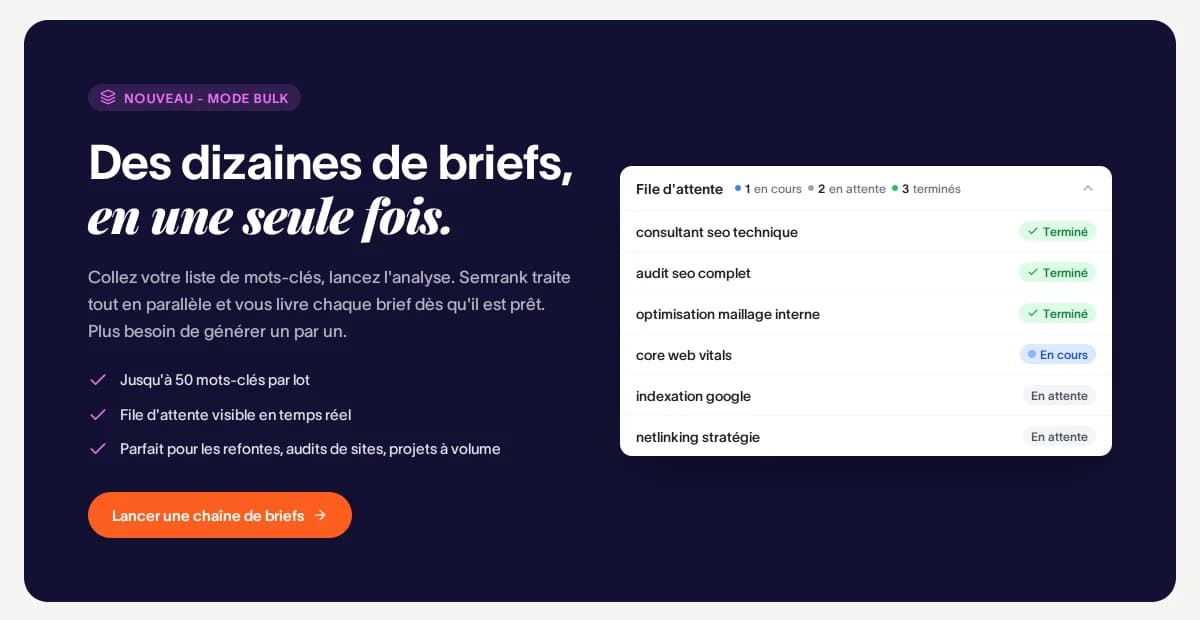 Mode bulk de SEMrank avec file d'attente de briefs SEO en cours de génération
