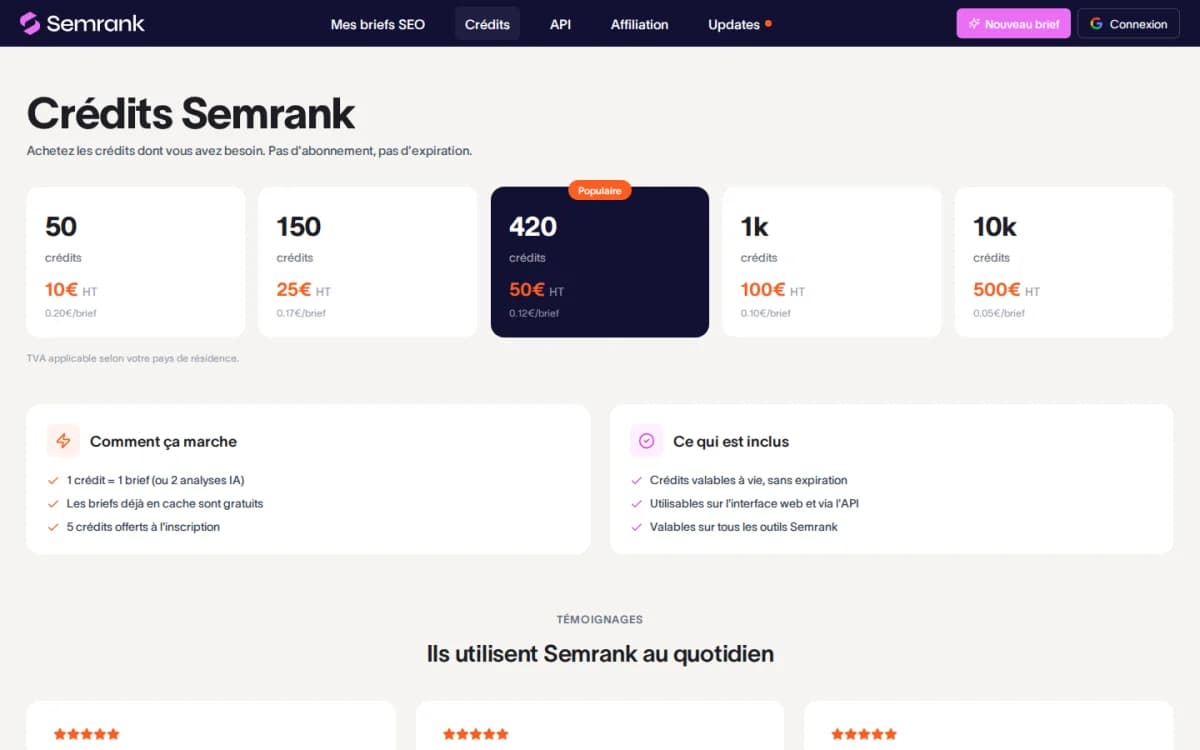 Grille tarifaire SEMrank : packs de 50 à 10 000 crédits, de 10 € à 500 € HT