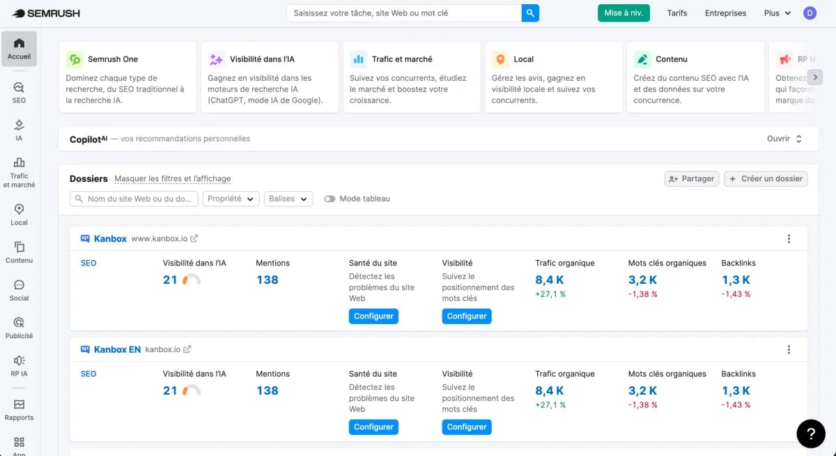 Dashboard Semrush montrant le suivi SEO d'un client avec les métriques de visibilité, trafic organique et backlinks