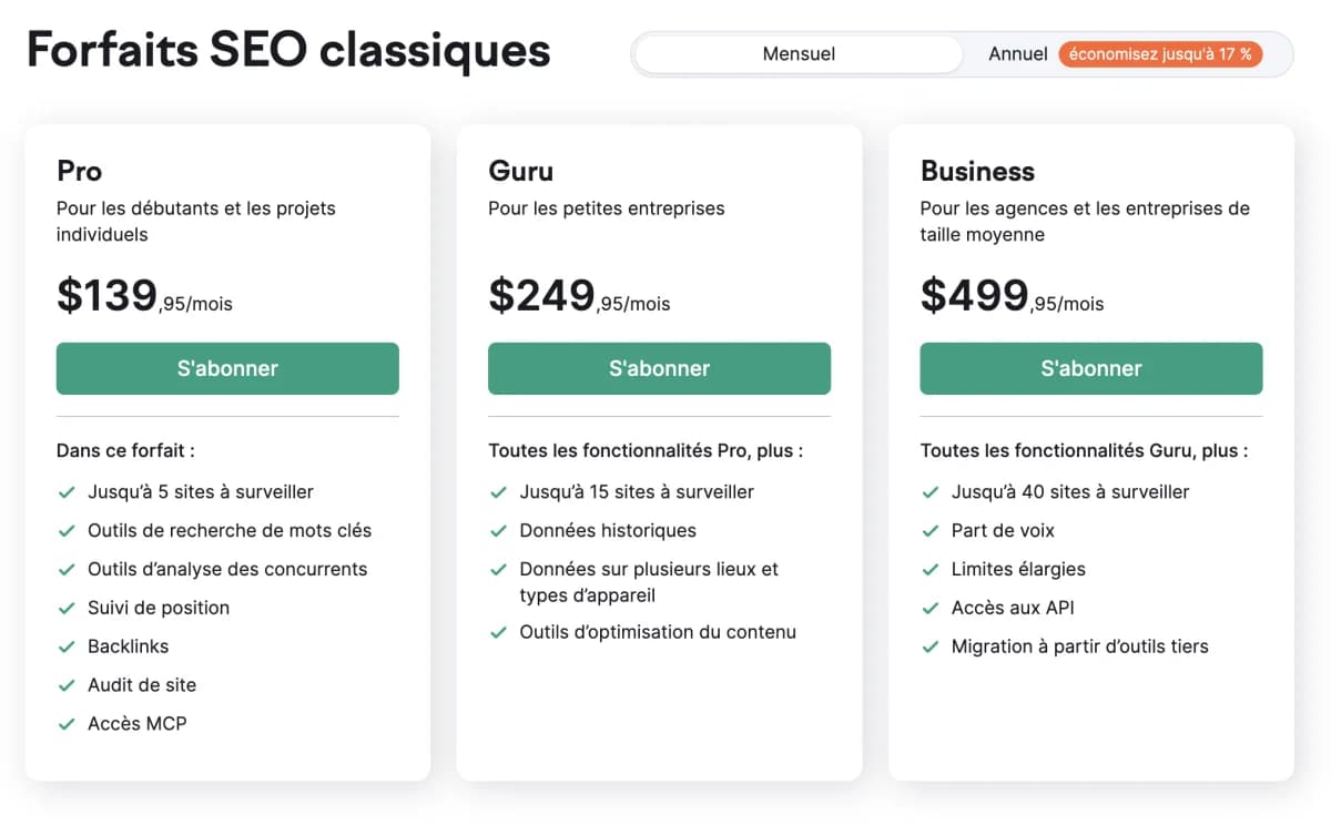 Tarifs Semrush 2026 : plans Pro à 139,95$/mois, Guru à 249,95$/mois et Business à 499,95$/mois
